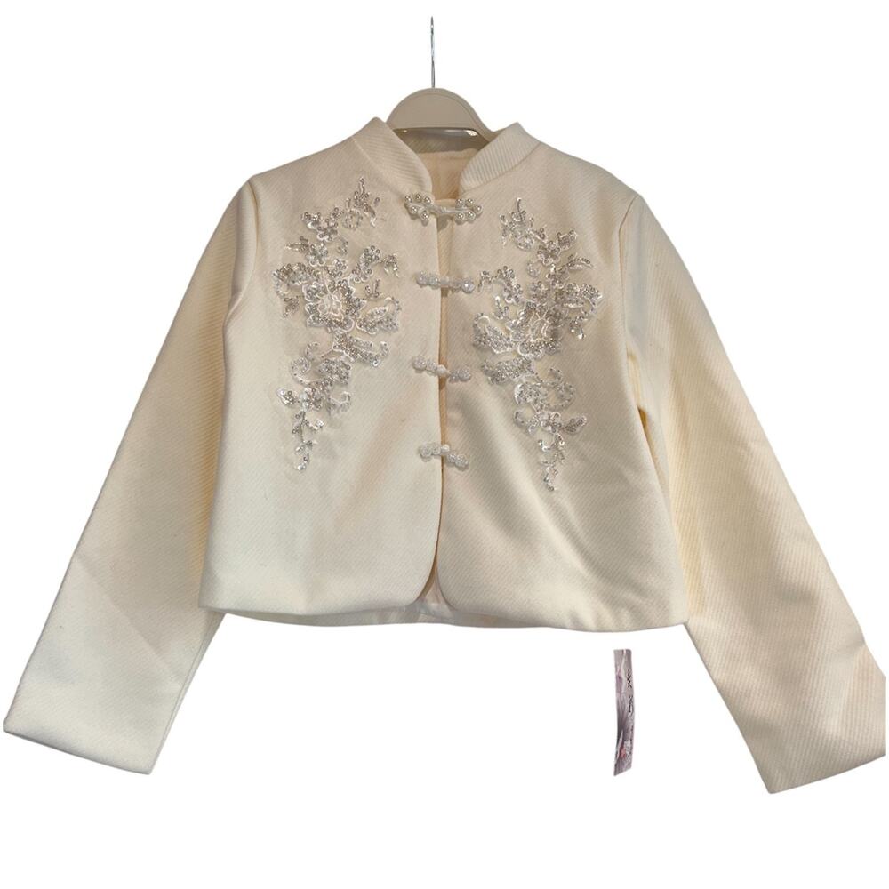Yi Cai Chinese Jacket White Floral Beaded Mandarin Collar US M / Tag 3XL Asian